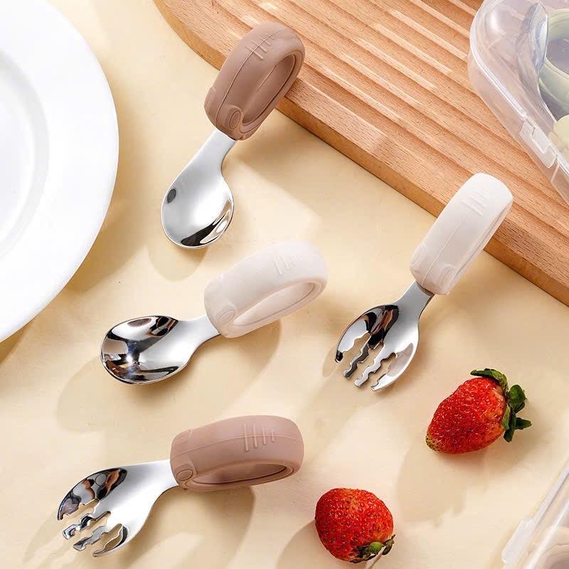 Set Thìa Dĩa Tập Xúc inox 304 Silicon Mingo Đầu Thìa Inox Cho Bé Tập Ăn Dặm