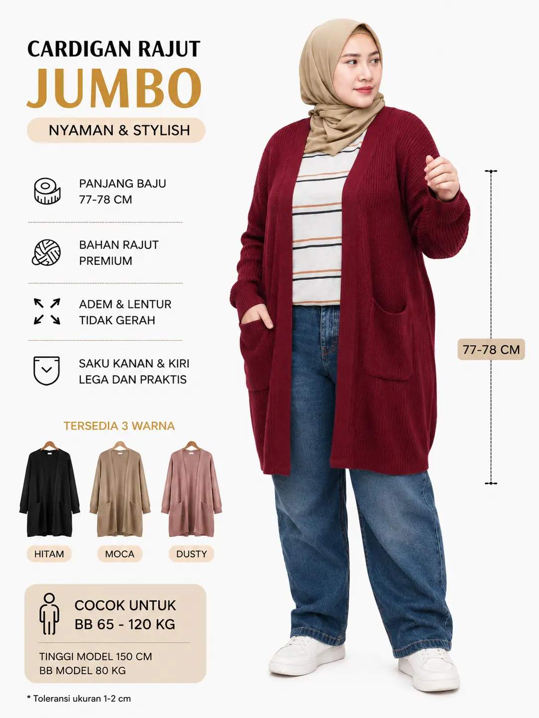 Belle Outer Jumbo Rajut Wanita Premium LD 150 cm Cardigan Oversize Big Size Knit Outer Korean Style Lengan Panjang Fashion Hijab
