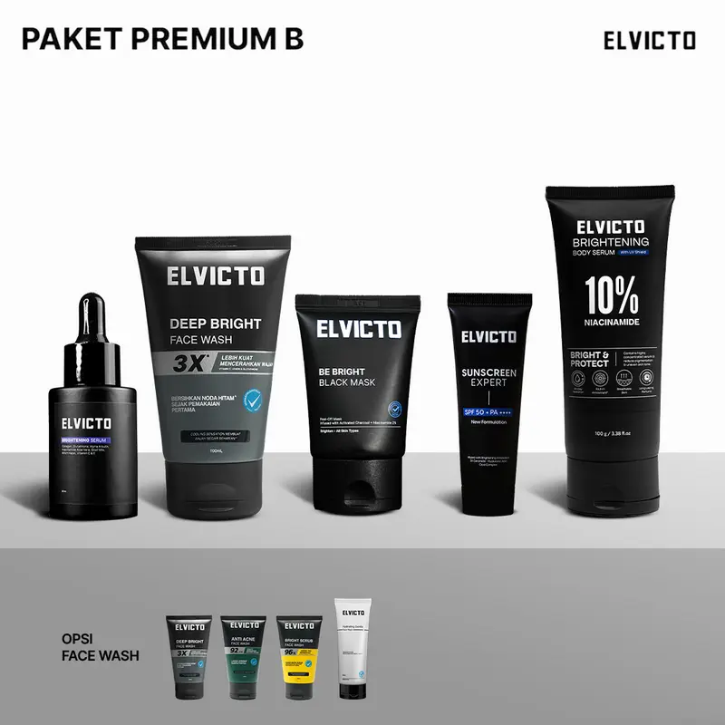 ELVICTO PAKET PREMIUM B | BRIGHTENING SERUM, FACE WASH, BLACK MASK, SUNSCREEN, BODY SERUM | Paket Lengkap Perawatan Pria 0