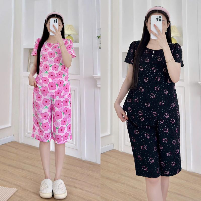 Bộ lanh lửng tay ngắn LTN105 45-75kg Đồ bộ tole lanh mềm mịn mát đường may kĩ Women Nữ Quần Ngủ Áo