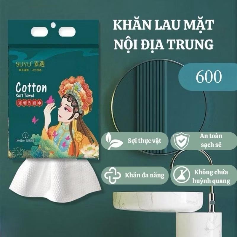 Khăn giấy lau mặt khô cotton túi 600gram, bông tẩy trang mềm mịn 25x25cm tặng kèm móc dán treo tường