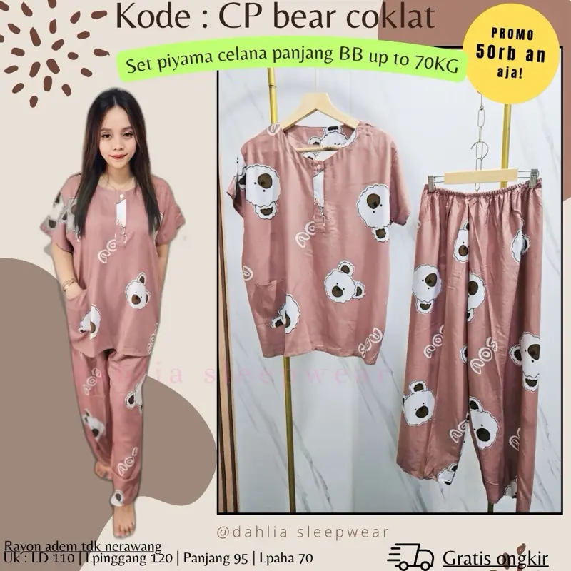 CP bear coklat + piyama pendek/panjang tulis warna