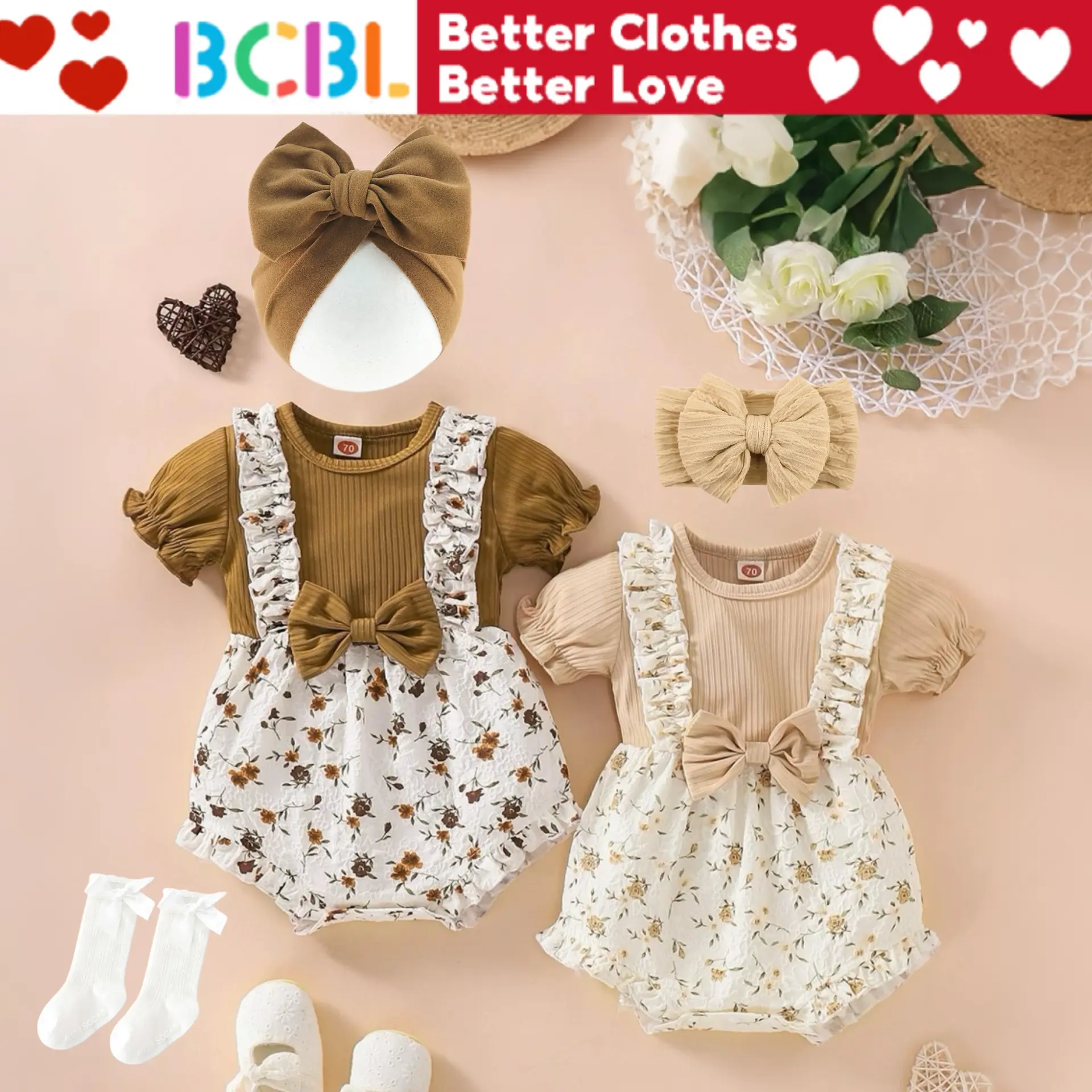 BCBL Baby Girl Jumpsuit Set Floral Fake Two Piece Triangle Romper Summer Clothes 0-24 Months