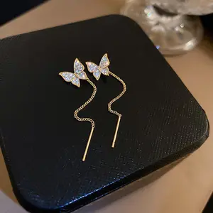 Anting Kupu-Kupu Berlian Sterling Silver Wanita Kancing Earwire Earwire Emas Fishtail B253