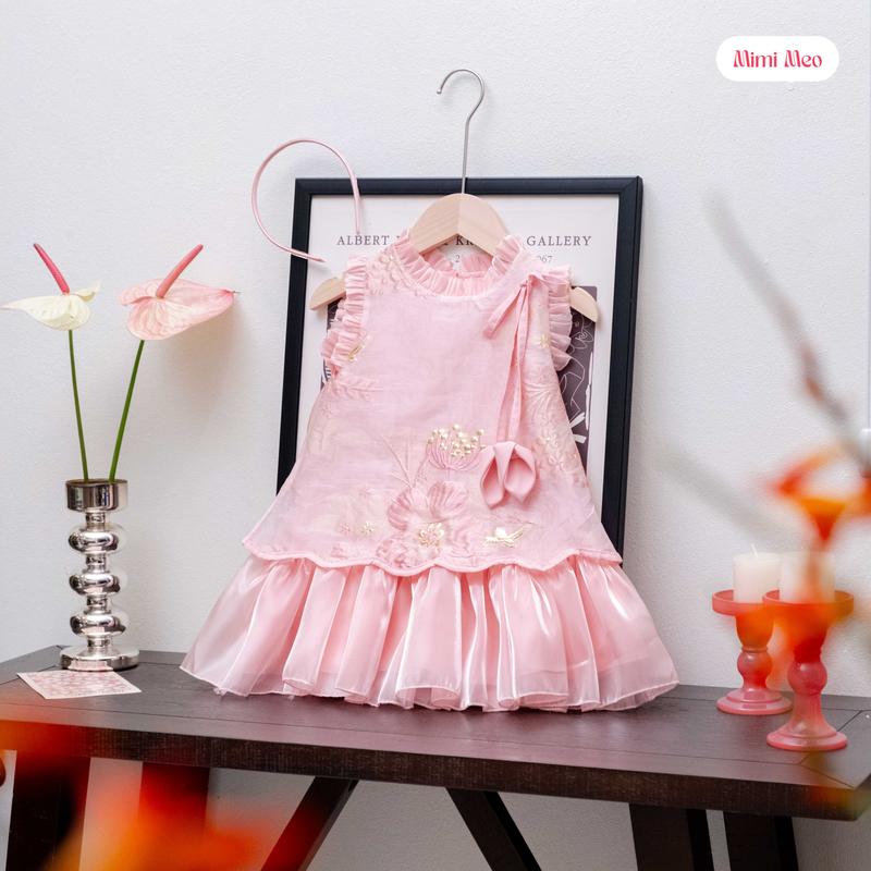   Mimi Meo - TD326  Váy bé gái  Kèm bờm  7-34kg - Vải gấm hoa nổi chân váy sóng lụa óng 