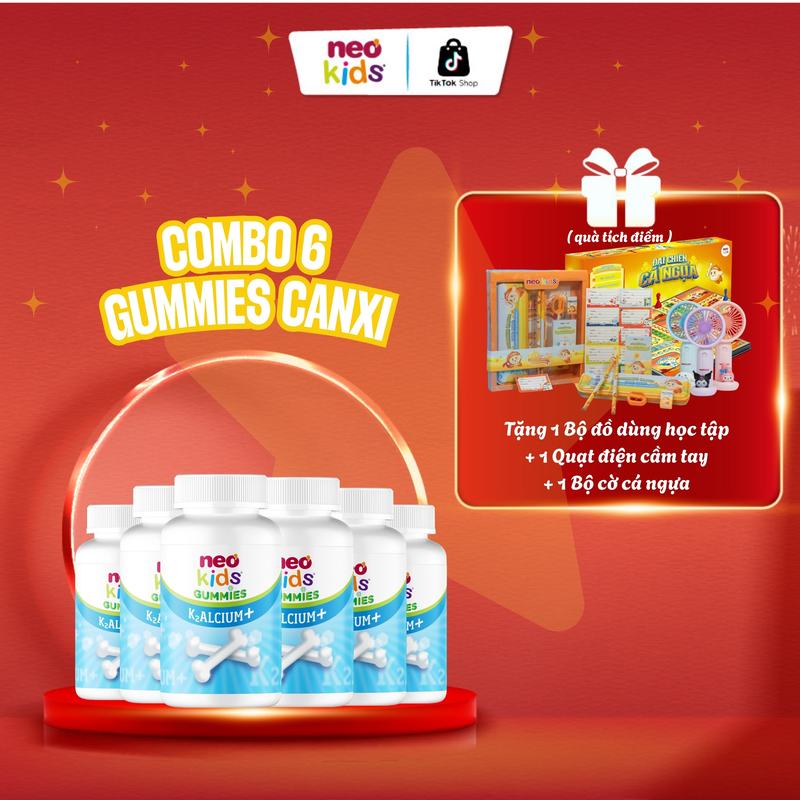 Combo 6 hộp Viên nhai Canxi Neo Kids vị sữa chua bổ sung Canxi, Vitamin D3, K2, MK7 giúp hỗ trợ tăng chiều cao, phát triển xương và răng cho bé yêu(c)