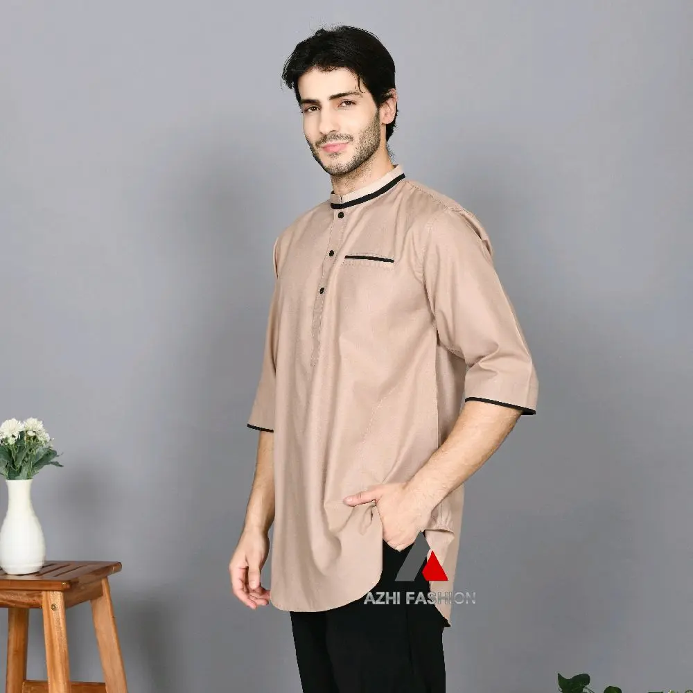AZHI Baju Koko Kurta Pakistan Pria Dewasa Lengan 3/4 Lis Terbaru Katun Toyobo Fodu Lembut Adem Nyaman Muslim Pendek Panjang Casual Formal Kerah Kombinasi