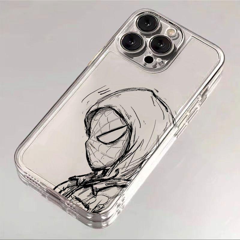 Clear TPU case, Spider-Man pattern, black and white sketch drawing, cartoon…