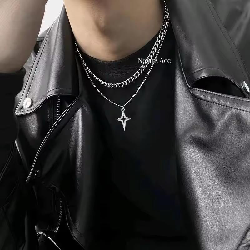 KALUNG TITANIUM PRIA RANTAI DOUBLE LAYER SILVER BINTANG SMALL SKENA ANTIKARAT TERBARU ELEGAN Liontin 2