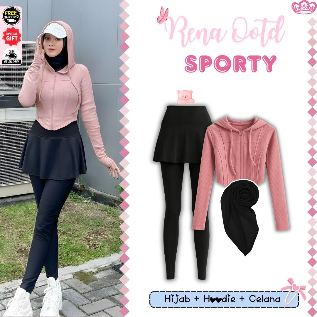 Rena Set Outfit Sporty Wanita [ Hijab + Hoodie + Legging Rok ] Oneset Look Stylish Setelan Olahraga -D96