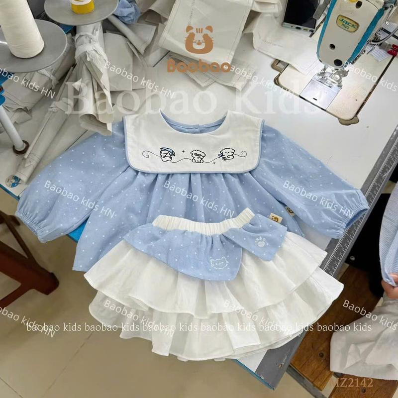 7-18kg Set Áo Xanh baby doll phối chân váy 3 tầng cách điệu chất mềm cho bé gái Nhận làm theo yêu cầu