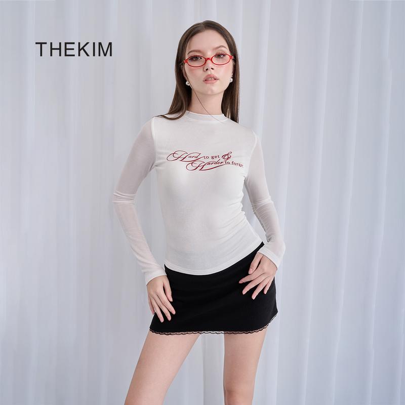  THEKIM Áo thun dài tay vải ánh nhũ " HARD TO GET HARDER TO FORGET "  áo thun dài tay Nữ cổ cao vải bling bling T307 Top Women 