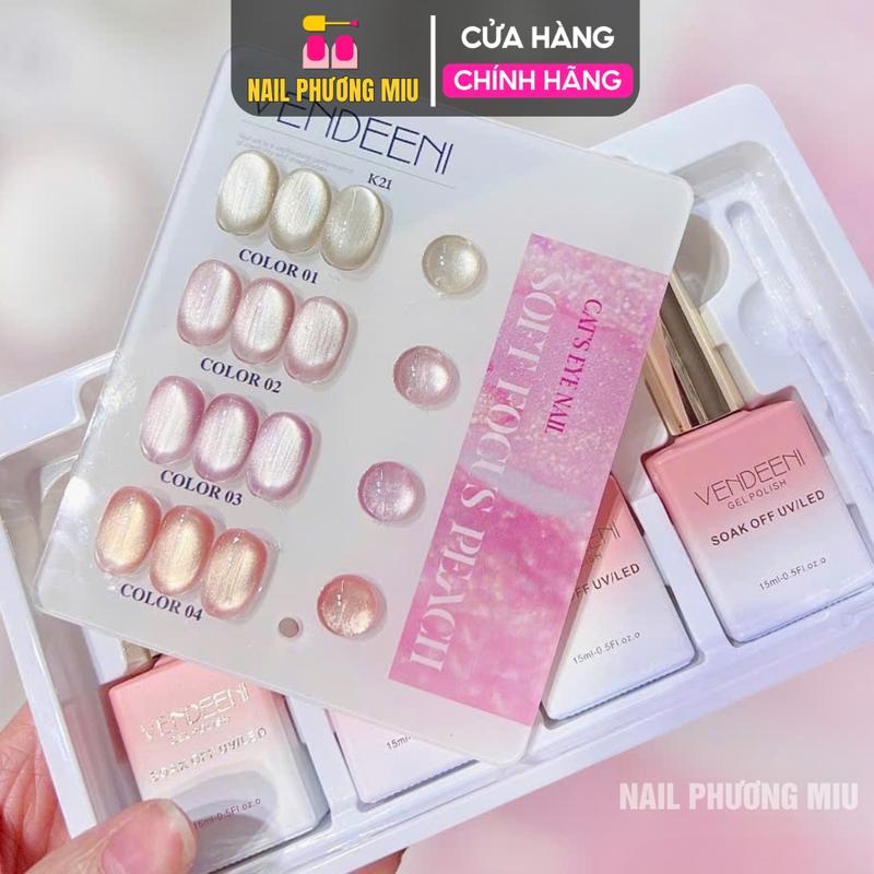 Set Sơn Mắt Mèo Lụa Ánh Nước Sáng Trong 4 Màu VENDEENI K21 Làm Nail Siêu Sáng, Sơn Gel Mắt Mèo Lụa Ánh Trăng Hồng Pha Lê Vàng