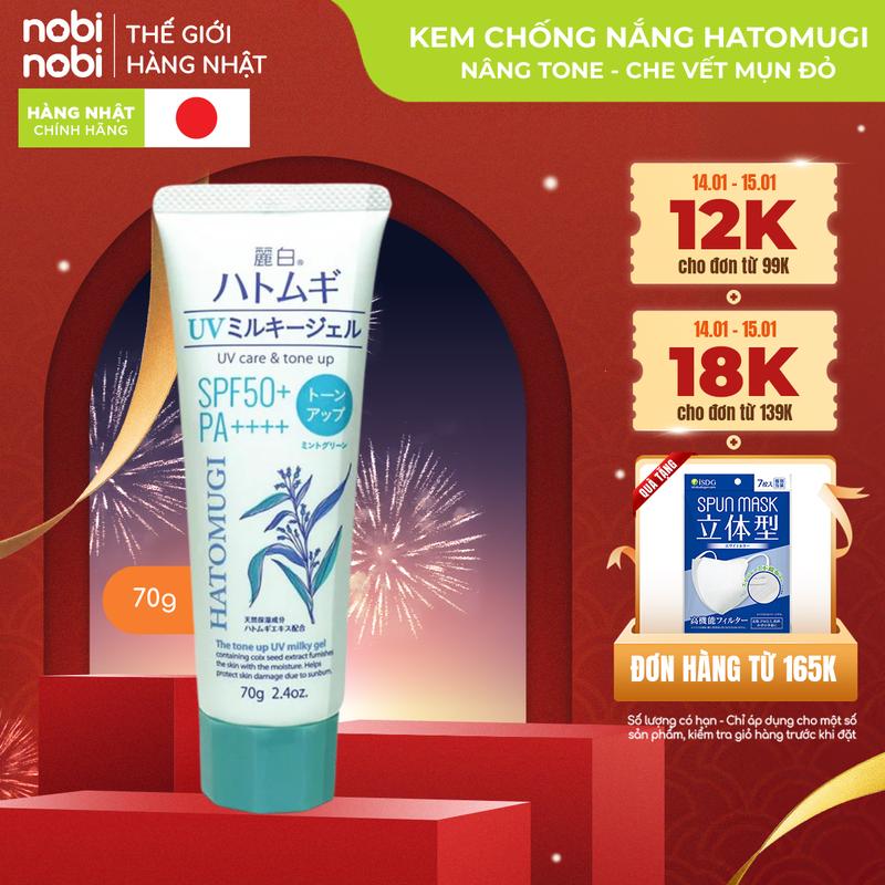 Kem chống nắng Hatomugi nâng tông & dưỡng ẩm da 70g Xanh Bạc Hà Hàng chính hãng Skincare dành cho da dầu mụn da nhạy cảm Nam Nữ
