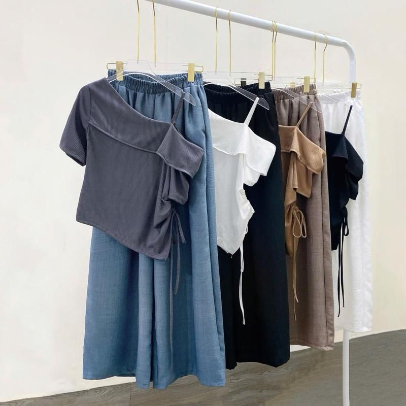 Set Áo Quần Trẻ Trung Bigsize Nữ, Áo Trễ Vai Vạt Chéo Kèm Dây Rút Phối Quần Suông Ống Siêu Rộng Giả Váy Cho Nữ Chuppy (55-92Kg)- G213/ Q564