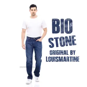 Louis Martine Celana Jeans Reguler Fit Bio Stone Denim Panjang Biru Pria Nyaman Desain Klasik & Gaya Sederhana