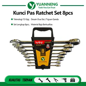 Yuanneng Kunci Ring Pas+Rachet Wrench Set 8pcs Kunci Ring Pas Racthet 6mm-22mm Mate Hitam untuk Mekanik dan Penggemar Otomotif