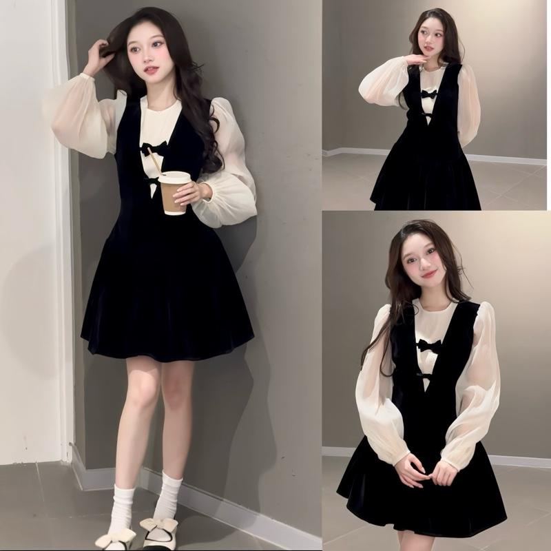  Váy nữ tiểu thư tay bồng xoè phối nơ ngực chất liệu nhung tuyết có kèm quần bảo hộ Dilyshop - V129 