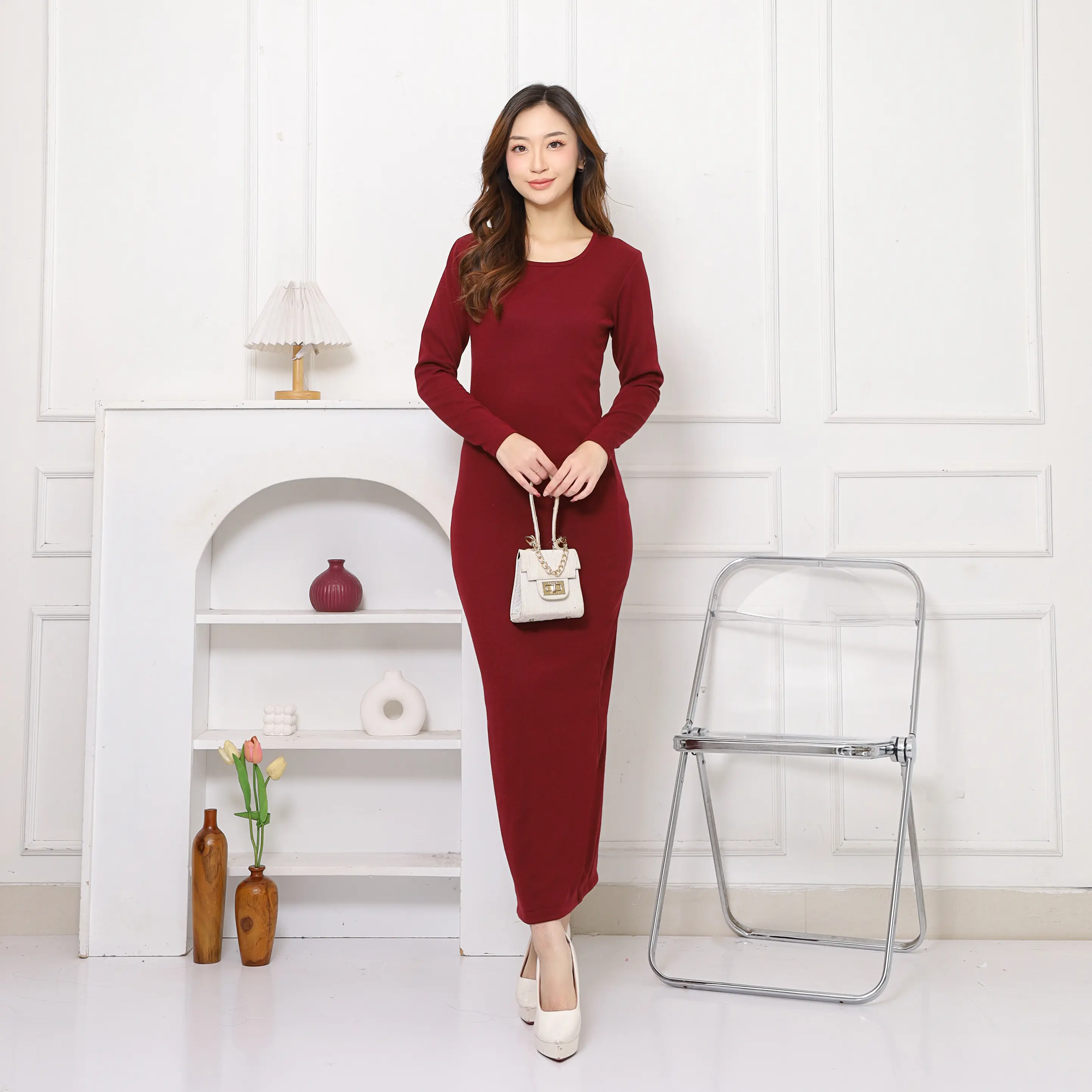 Luna Long Dress Lengan Panjang Wanita Gaun Maxi Bodycon Pres body Bahan Rib  knit Melar Iner Baju Lebaran Basic Hitam Casual - Shop | Tokopedia