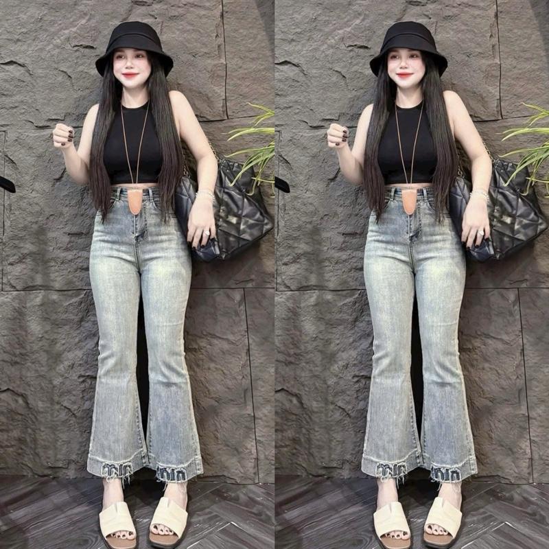 [S/M/L/XL/2XL] Quần Jeans Loe Nữ 90cm/100cm Phối Lai Chữ Nổi Lưng Cạp Cao Tôn Dáng Cho Nấm SML