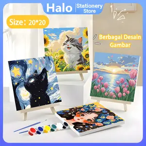 【Halo】Kanvas Kayu Lukisan Akrilik Paint by Numbers Kit 20x20cm - Stationery Paint by Numbers Painting