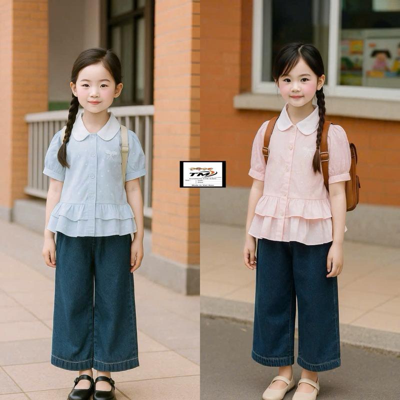 [Nini Kids]-Sét áo kèm quần Jean mềm cho Bé Gái áo chấm bi mềm đủ size 8-35kg  ( H10 Jean bi)