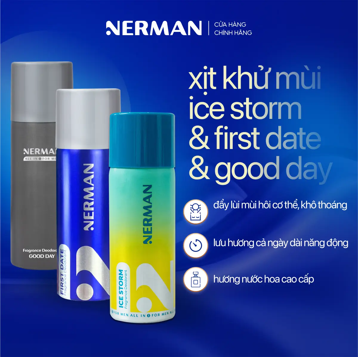Xịt khử mùi nam giới hương nước hoa Good Day, First Date, Ice Storm Nerman 100ml mall