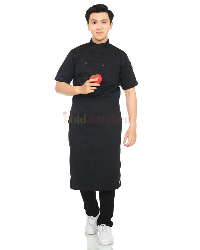 Baju Koki Chef Jacket Seragam Kerja Pria Wanita Lengan Panjang Pendek Model Mandarin Bahan Drill Merk Gold Kitchen Hitam Safety Bordir 1