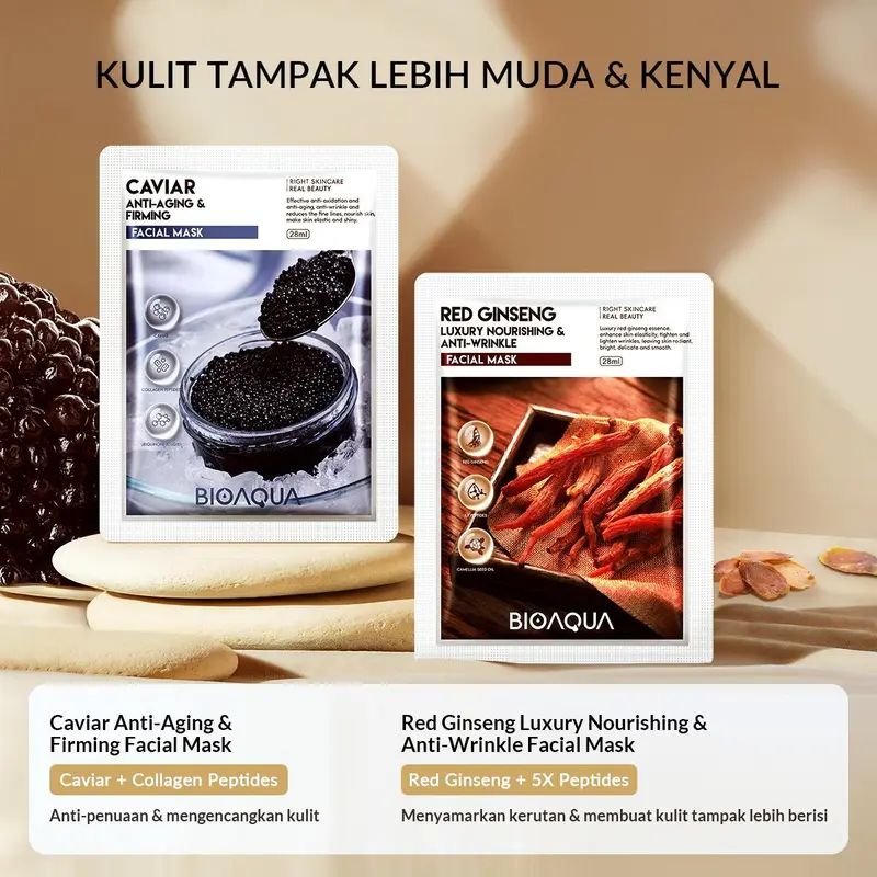 【masker 10pcs set】BIOAQUA Masker Varian Biji Buah/ Cereal Series Facial Mask/Nourishing Series Sheet Masks Pearl / Ginseng / Caviar / Bird's Nest / Black Truffle / Ganoderma Facial Mask 28ml/pcs 3