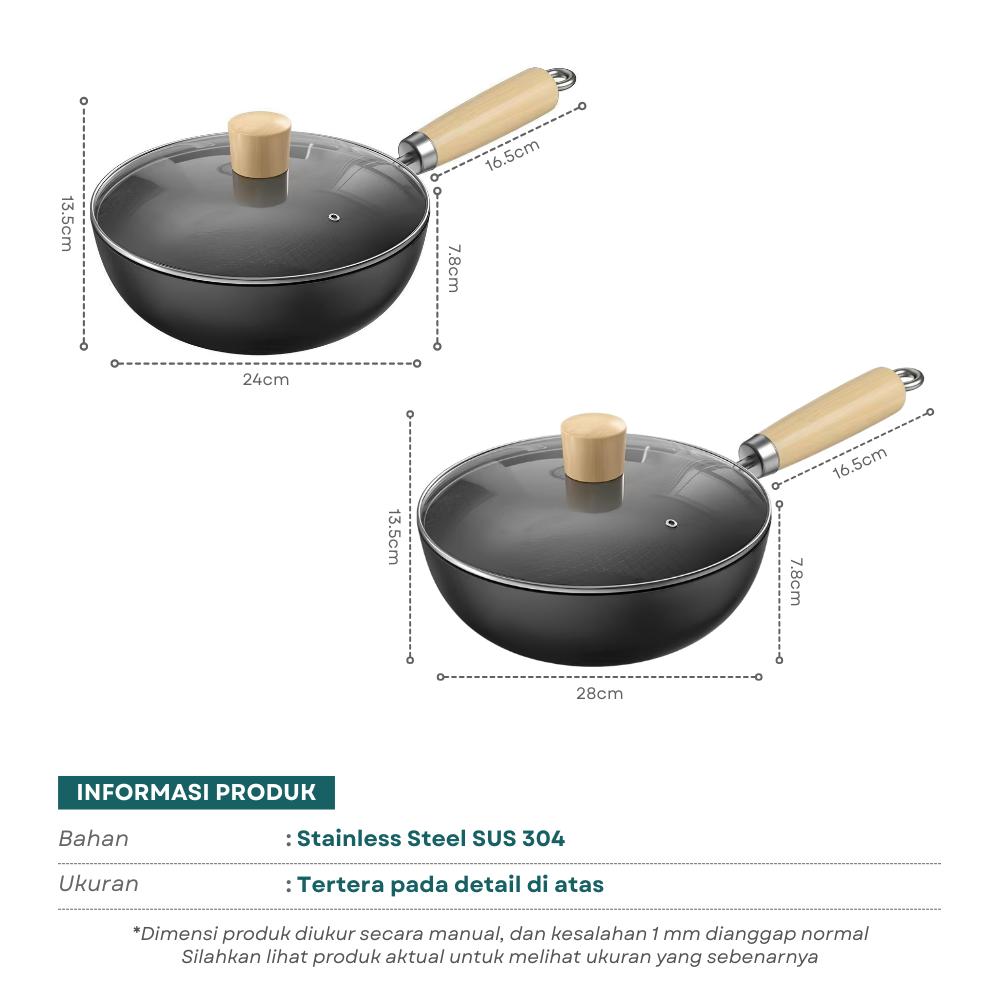 Aladin Wajan Penggorengan Anti Lengket + Tutup Kaca 24cm / 28cm | Fry Pan Premium Gagang Kayu