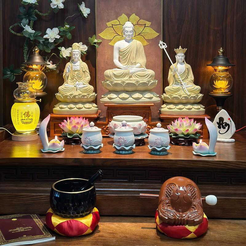 Tượng Ta Bà Tam Thánh Việt Thích Ca Địa Tạng Quan Âm Giả Gốm sơn Vàng cao 30-32cm - Tuệ Nga