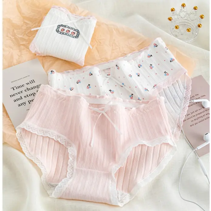 MoodStyle // CD1590 Cd Elastis Motif Pita Strawberry Celana Dalam Warna Pink Putih Bahan Katun Wanita Segitiga Mid Waist Sutra Briefs Cewek Cantik Bunga 2