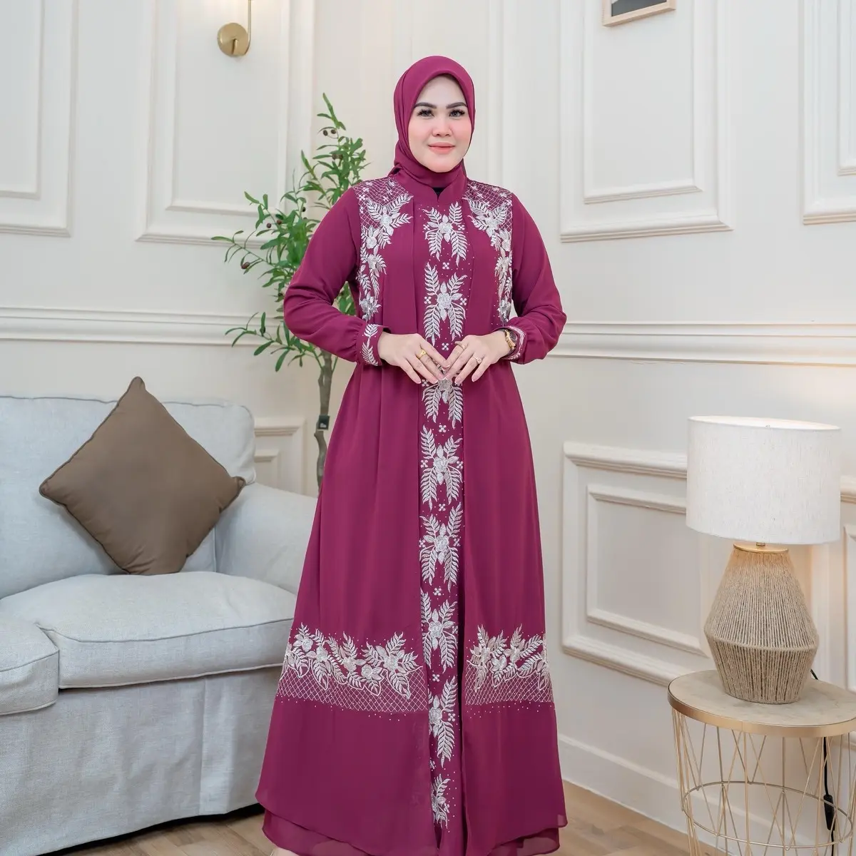 Gamis Andini Bordir Set Hijab Mewah Elagan Terlaris Terbaru Dress Pesta Wanita Muslim Kekinian