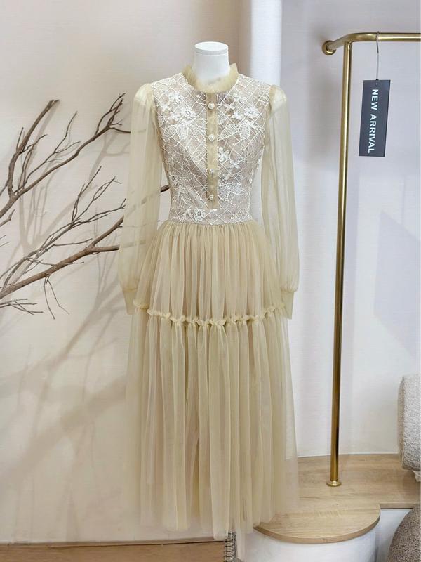   Kiều Linh -Váy Dự Tiệc Thiết Kế Dáng Dài KL691 chất liệu Ren Thêu Hoa Cúc Ngọc Trai phối chân váy tay Lưới Cao Cấp 2 Lớp Lót Giấu Đường May Kĩ 