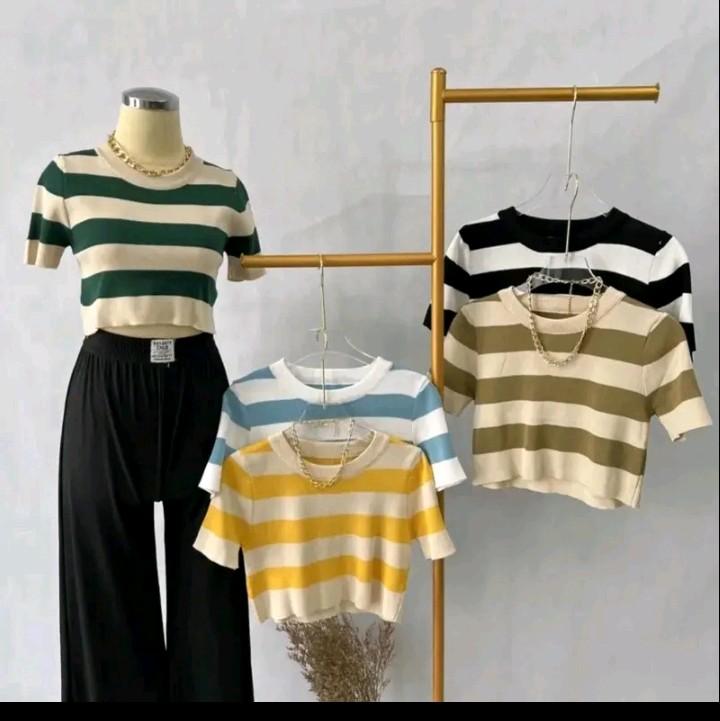 atasan crop top stripes knit / crop Top wanita knit garis / capsual top panjang fit lembut 5