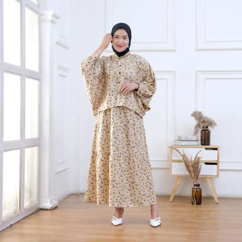Setelan NAURA 0ne set baju dan rok Motif Kekinian Busui Friendly Wanita   Rayon Batwing Kancing Panjang Twill Lembut Viscose Atasan Nyaman Kerah Celana Bawahan 3