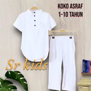 SETELAN  Baju Anak Koko Putih Polos Usia 1-10 Tahun - Berbahan Lembut dan Adem - Biru bonus Peci