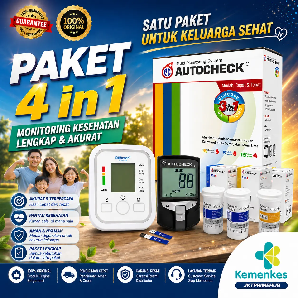 Paket 4in1 Autocheck dan Tensimeter Check Gula Darah Asam Urat Kolesterol Multi Monitoring System 3 in 1 GCU Glucose Cholesterol Uric Acid