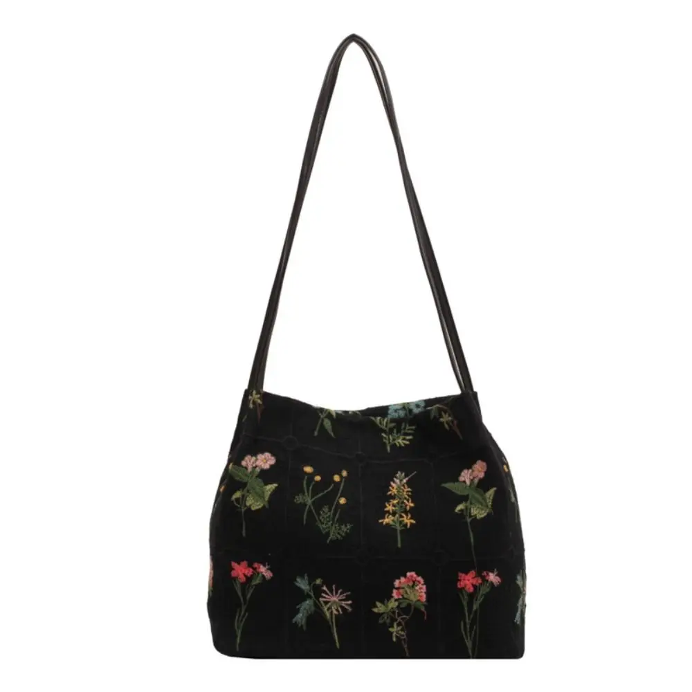 Zipper Flower Embroidered Shoulder Bag Elegant Large Capacity Underarm Bag Embroidered Tote Bag Korean Style Handbag Women Bucket Bag for Girl/Ladies