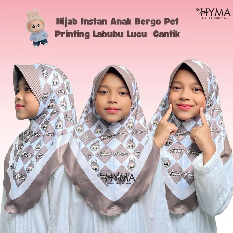Jilbab Instan Kerudung Bergo Printing Labubu 3-9 Tahu  Hijab Jersey Anak Instan Nyaman Pad Muslim 6