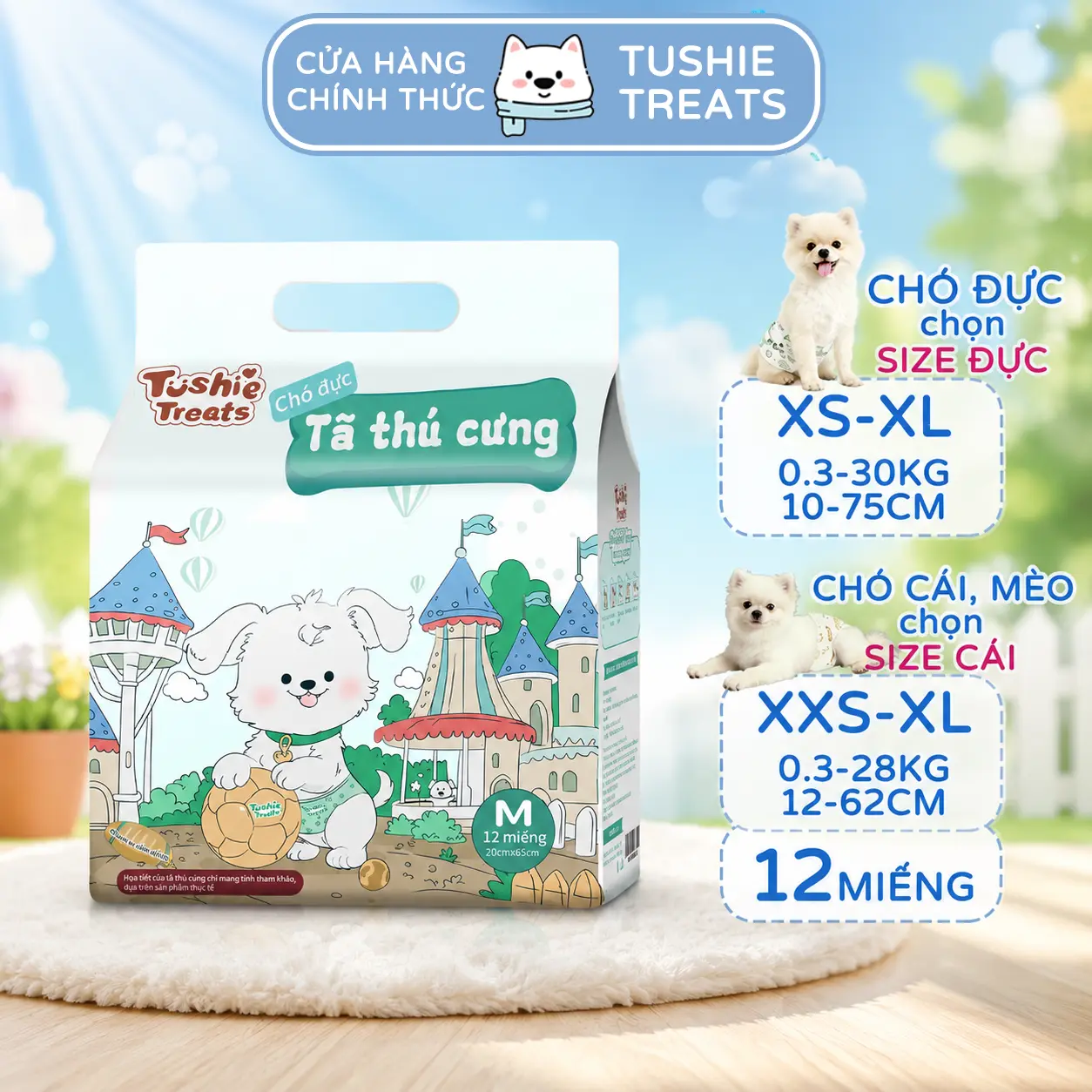 Tã cho chó mèo Tushie Treats cao cấp, Mèo chọn size CÁI, tã bỉm thú cưng bịch 12 miếng đủ size từ XXS-XL(0.5-30kg)