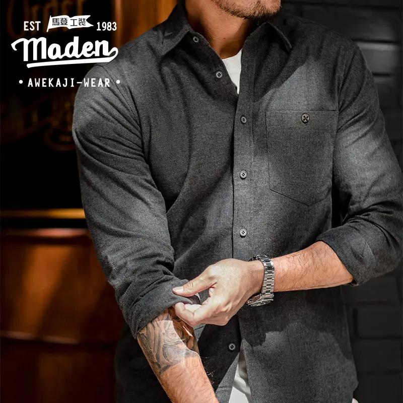MADEN-Áo Sơ Mi Vải Flanen Cotton Cho Nam, Phong Cách Dụng Cụ Thương Hiệu, Mùa Xuân 2023, Phong Cách Mới, Quý Ông Trẻ, Tiệc Tùng, Mỹ, Thường Ngày, Màu Xám, Công Sở, Đi Làm, Áo Sơ Mi Len Dài Tay