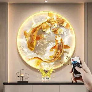 Lukisan Porcelain 5D Diamond Motif Bulat Lukisan Porselen Crystal LED Ikan Koi Emas Lukisan Lampu 5 Dimensi Lukisan Motif Ikan Gold 2 Ekor Ikan Diamond Timbul Hamper