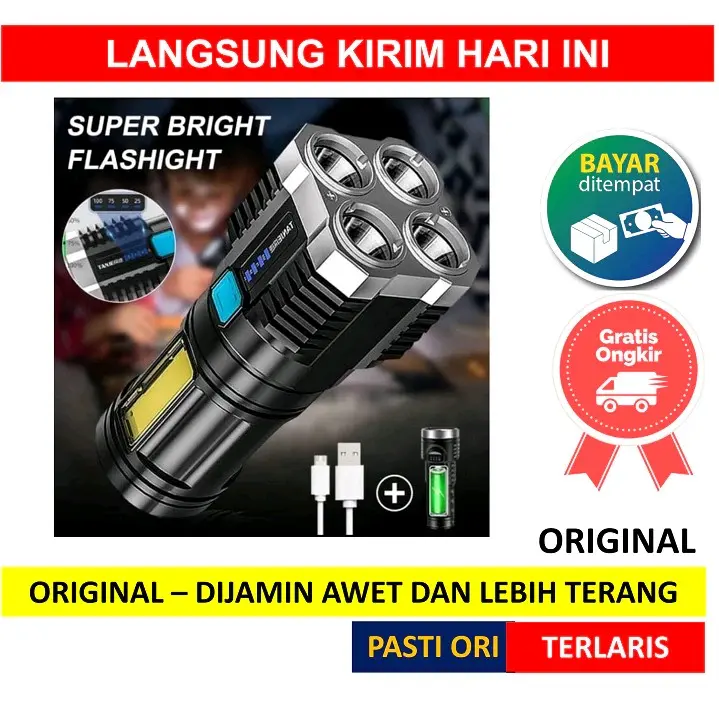 senter led super bright 4 mata led mata cob light super terang 48 w chargeable cas portable Baterai Lampu  Usb 0