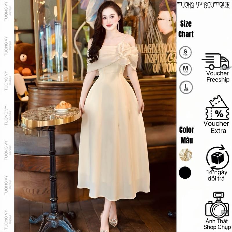 ( Có Mút & Dây Vai ) - Đầm Xinh Dự Tiệc và Đi Chơi Trễ Vai PHỐI TƠ MÀU KEM HAI TẦNG ĐÍNH HOA TRƯỚC Dáng Dài Qua Gối ( MẶC 2 KIỂU ) Chất  Linen Thai Mềm Mịn Lót Đúp Full Váy Phong Cách Sang Trọng Dành Cho Nữ  - TUONGVYKEM28 Women Dress Nhung Sen