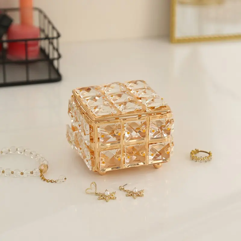 Emas Kotak Perhiasan Kristal Mini Tempat Perhiasan Organizer Accesories Kotak Perhiasan Kristal Mini Kecil 4