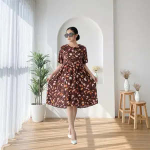 Daster Pendek Andin Kerah Bunga Motif Rayon Kekinian Bumil Busui Friendly Kain Lembut Nyaman Dress  Kancing Cantik Midi Panjang