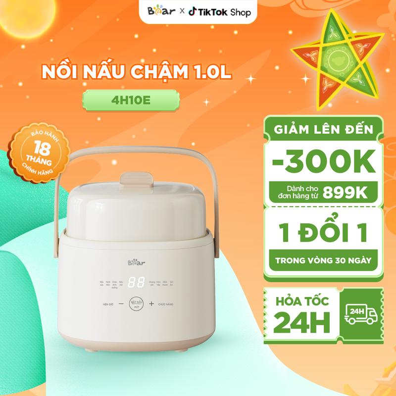 [Tặng Cẩm nang ăn dặm] Nồi Nấu Chậm Bear 1L Có Xửng Hấp, Nồi Nấu Cháo Chậm, Nồi Nấu Cháo Cho Bé Nồi Chưng Yến Giữ Nguyên Chất Dinh Dưỡng 200W - 4H10E