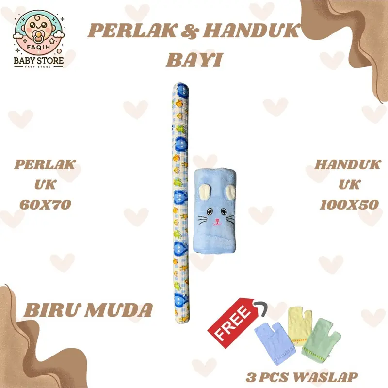 ￼PAKET HEMAT HANDUK BAYI 50cmX100CM + PERLAK BAYI 60x70CM FREE 3PCS WASLAP ~ Faqih Baby Store 4