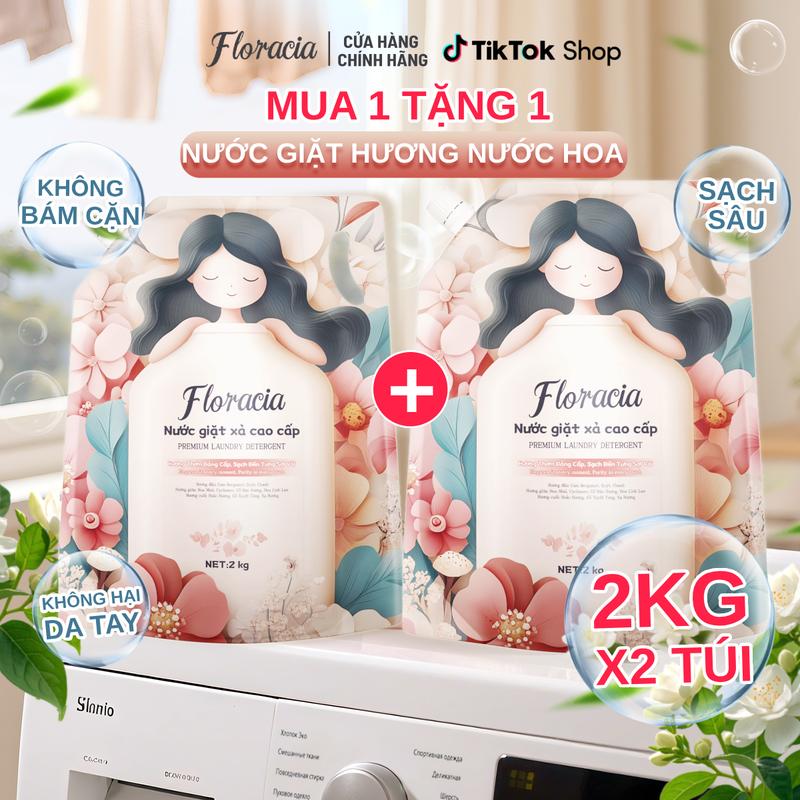 MUA 1 TẶNG 1 - Nước giặt Floracia hương nước hoa túi 2KG làm sạch sâu không bám cặn dịu nhẹ và giữ màu vải bền lâu giặt xả 2 trong 1 phân hủy sinh học